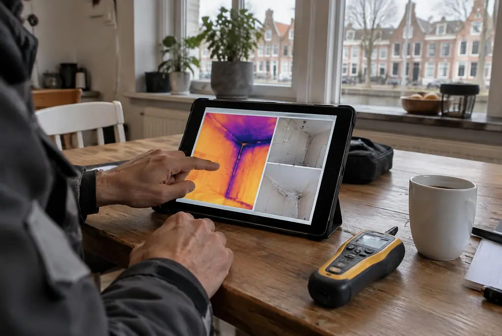Lekdetectie Meerkerk – lekdetectierapport met warmtebeelden en foto's op een tablet