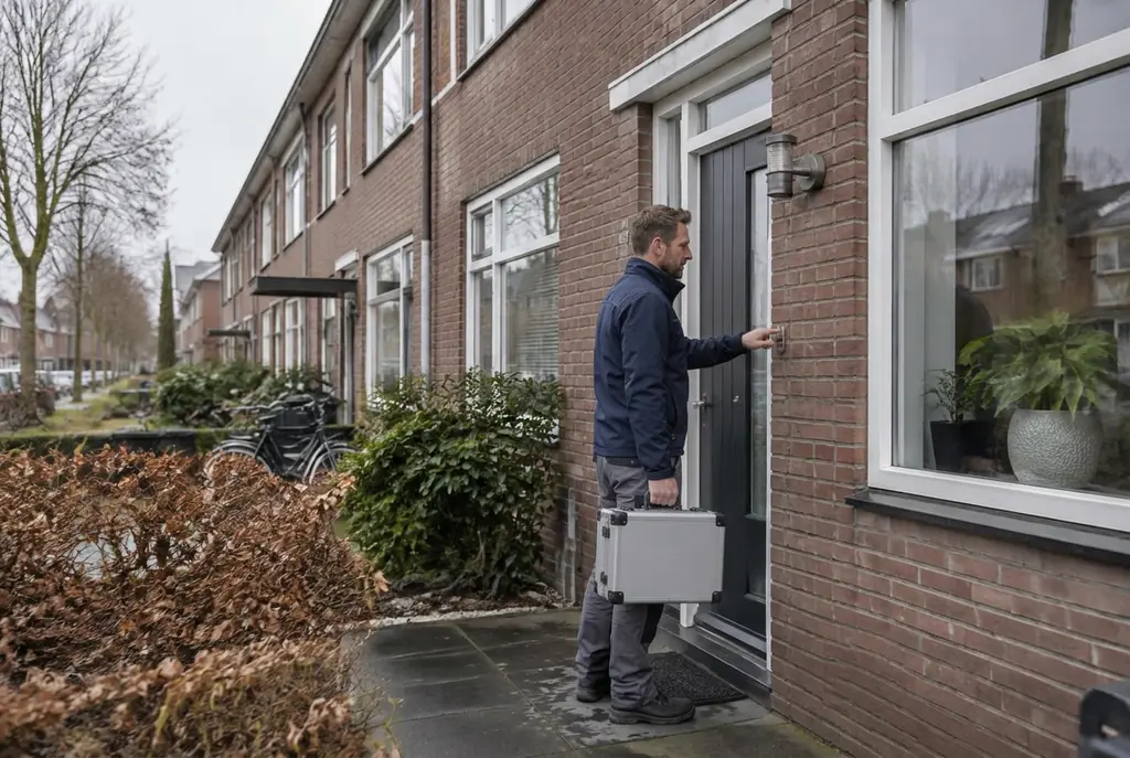 Lekdetectiespecialist met meetkoffer bij de voordeur van een woning in Meerkerk